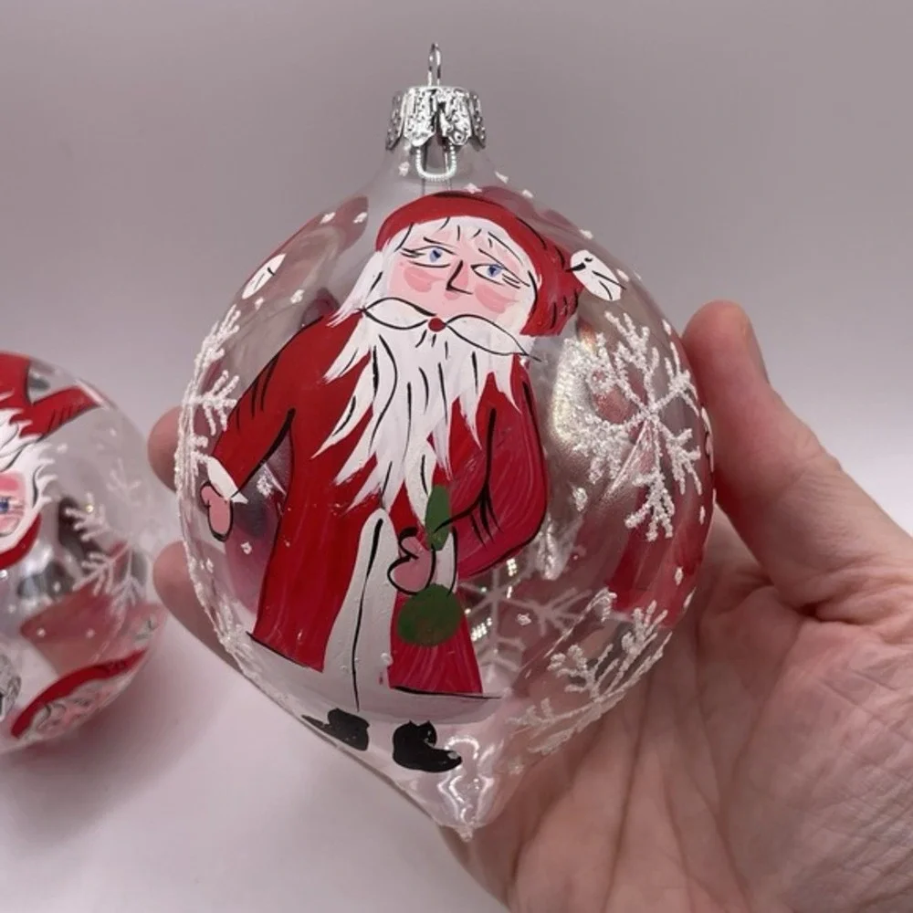Vintage Hand Painted Santa Blown Glass Teardrop Christmas Ornaments Set of‎ 2
